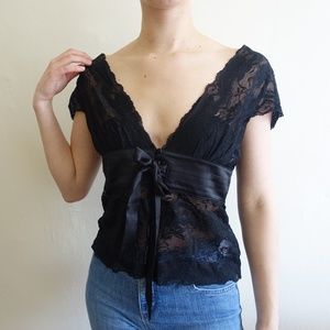 Vintage black lace deep v neck shirt.